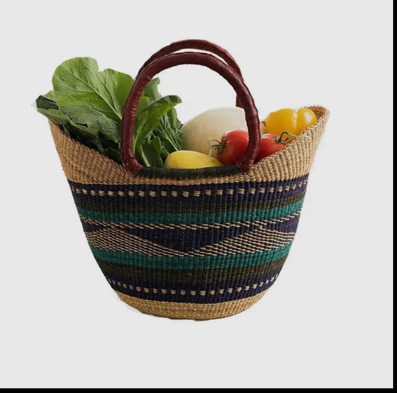 African Bolga Market Basket w/ Leather Wrapped Handle