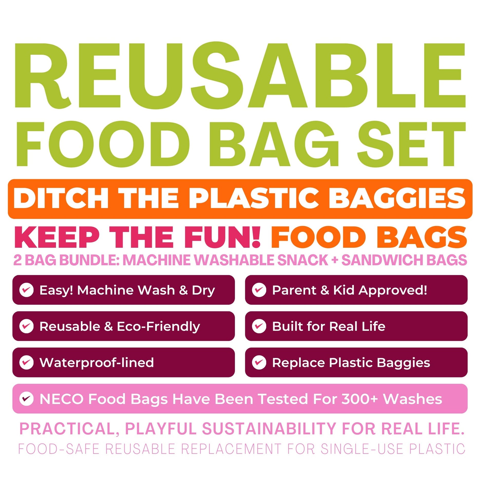 2 Bag Set Reusable Snack & Sandwich Food Bags, Peace & Love