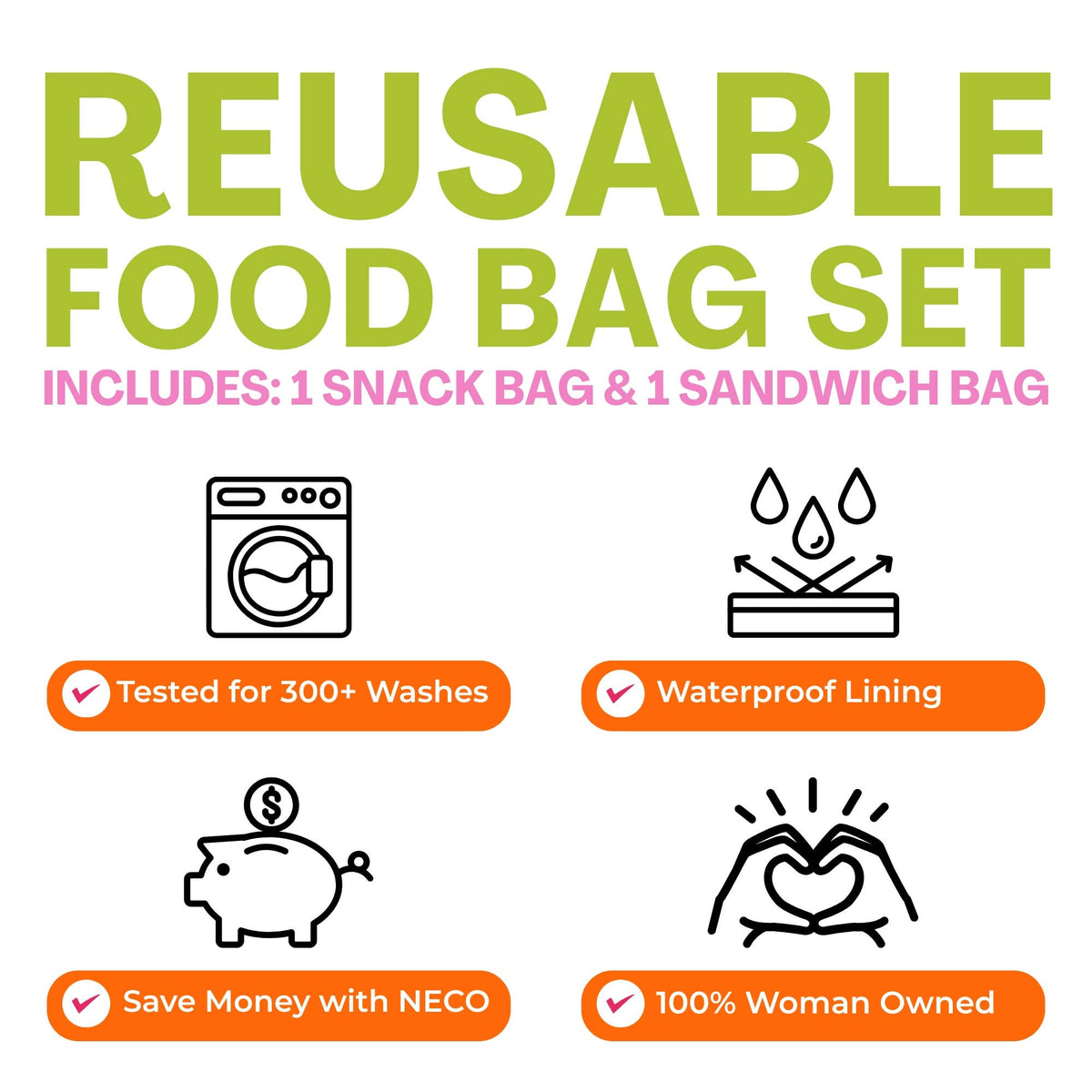 Neco Bags LLC - 2 Bag Set Reusable Snack & Sandwich Food Bags, Orange Dinos