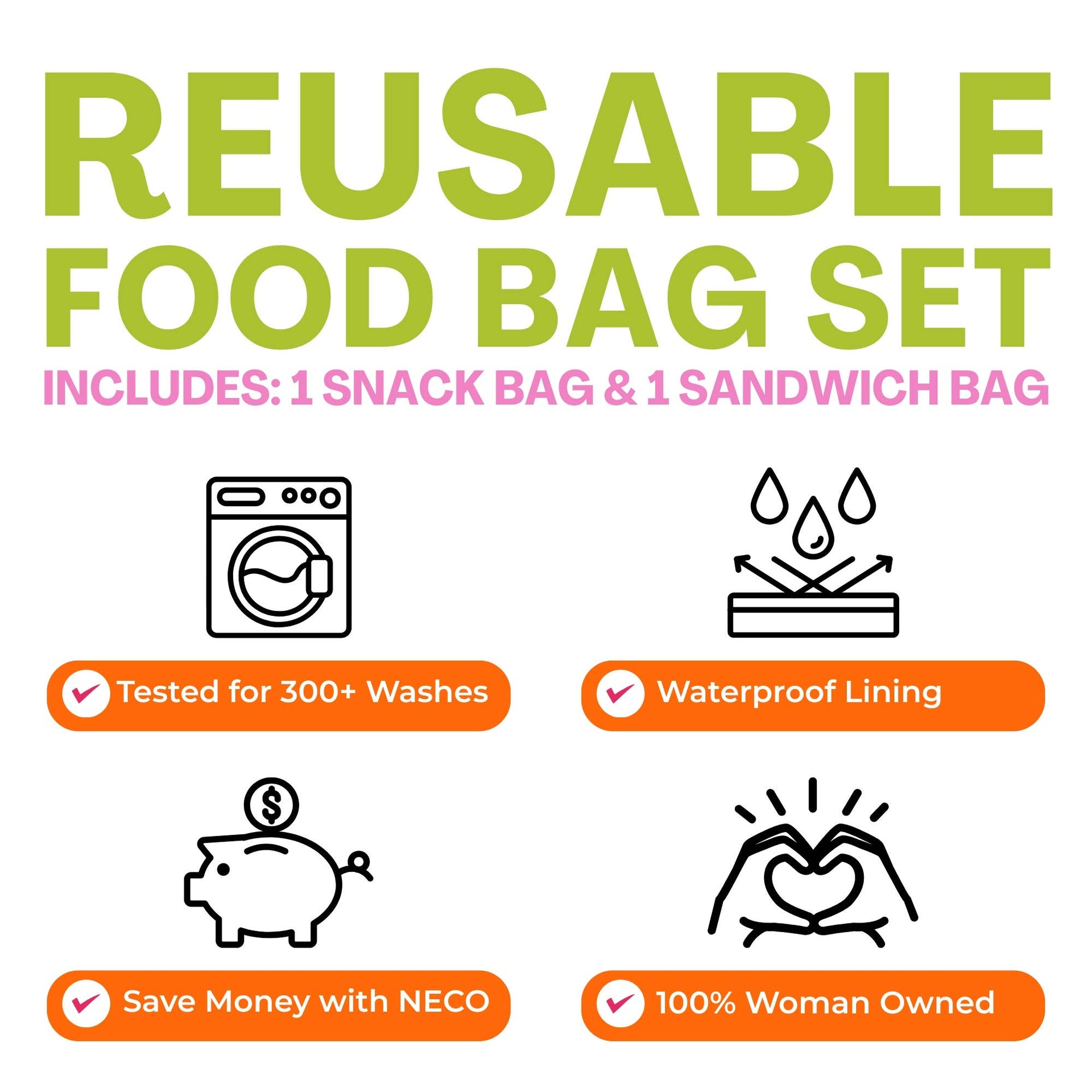 2 Bag Set Reusable Snack & Sandwich Food Bags, Peace & Love