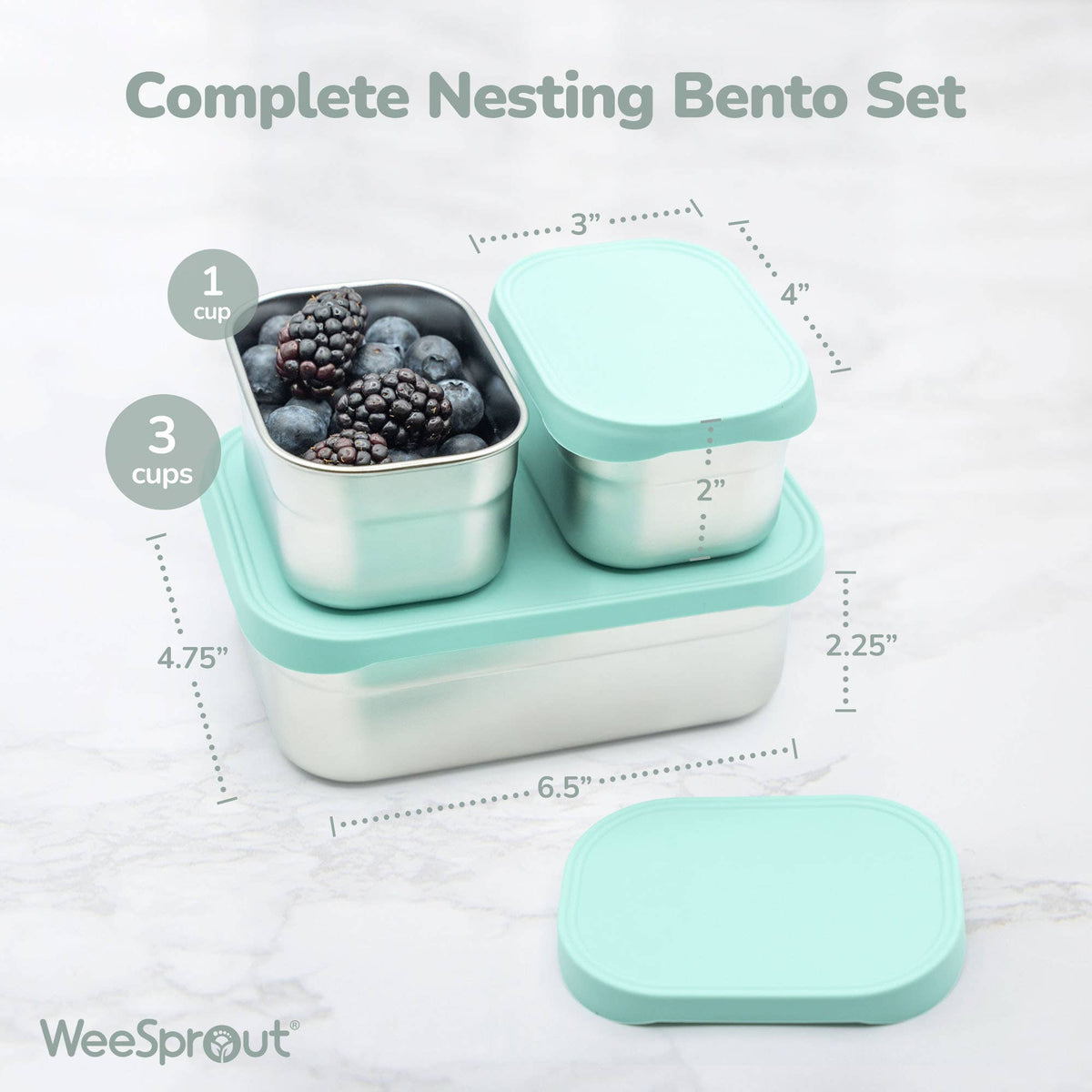 WeeSprout - Stainless Steel Bento Box Set with Silicone Lids – Set of 3 green