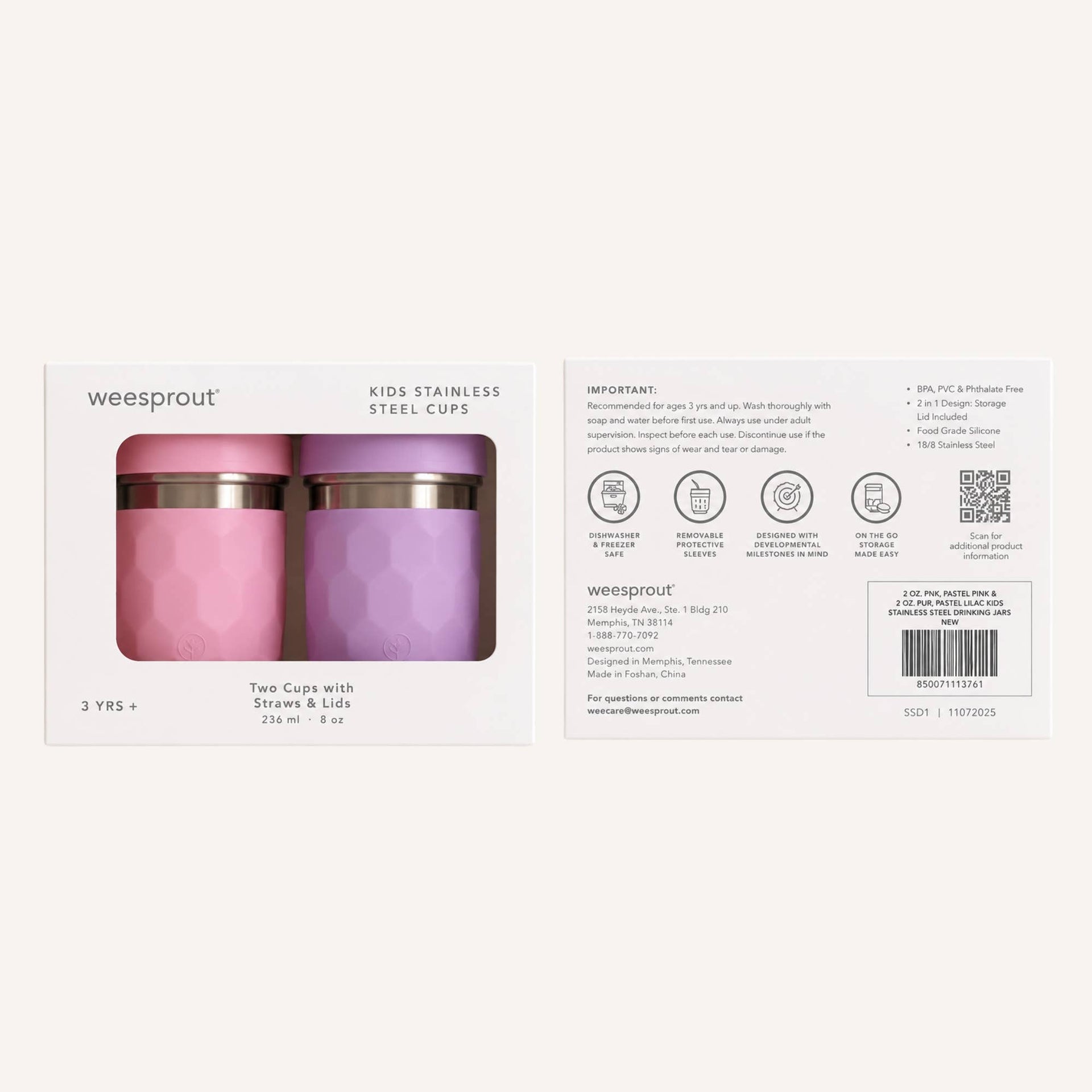WeeSprout - 3-in-1 Stainless Steel Kids Cups – 8 oz, Set of 2
