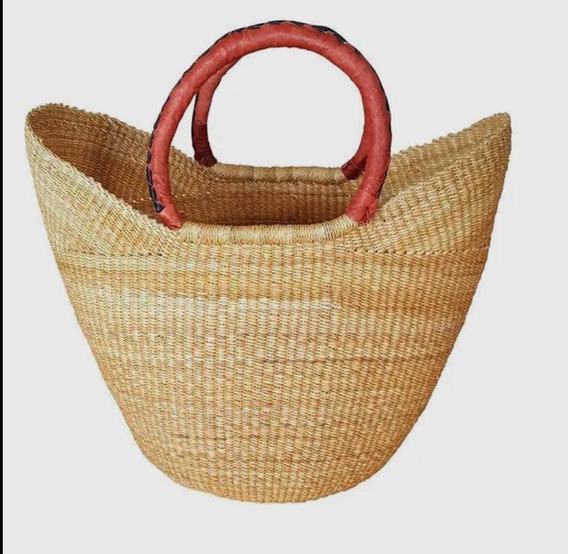 African Bolga Market Basket w/ Leather Wrapped Handle