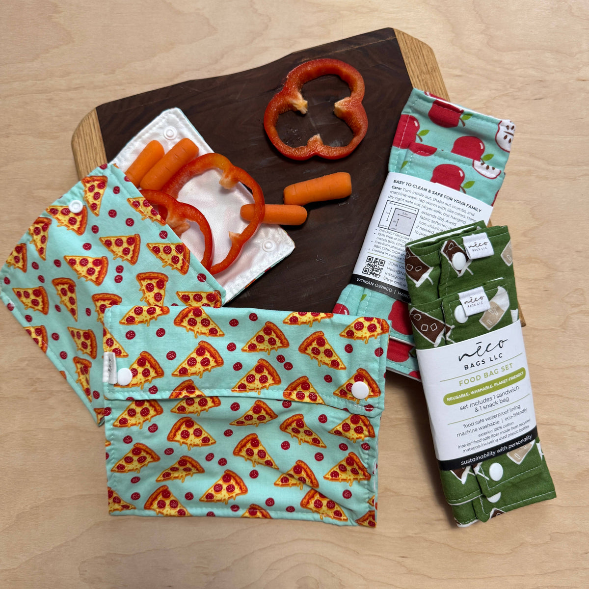 Neco Bags LLC - 2 Bag Set Reusable Snack & Sandwich Food Bags, Orange Dinos