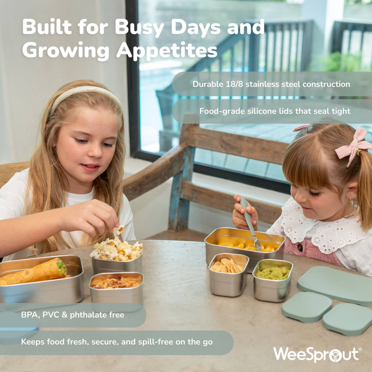 WeeSprout - Stainless Steel Bento Box Set with Silicone Lids – Set of 3 green