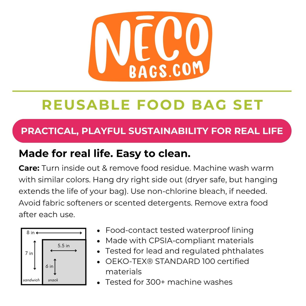 Neco Bags LLC - 2 Bag Set Reusable Snack & Sandwich Food Bags, Orange Dinos