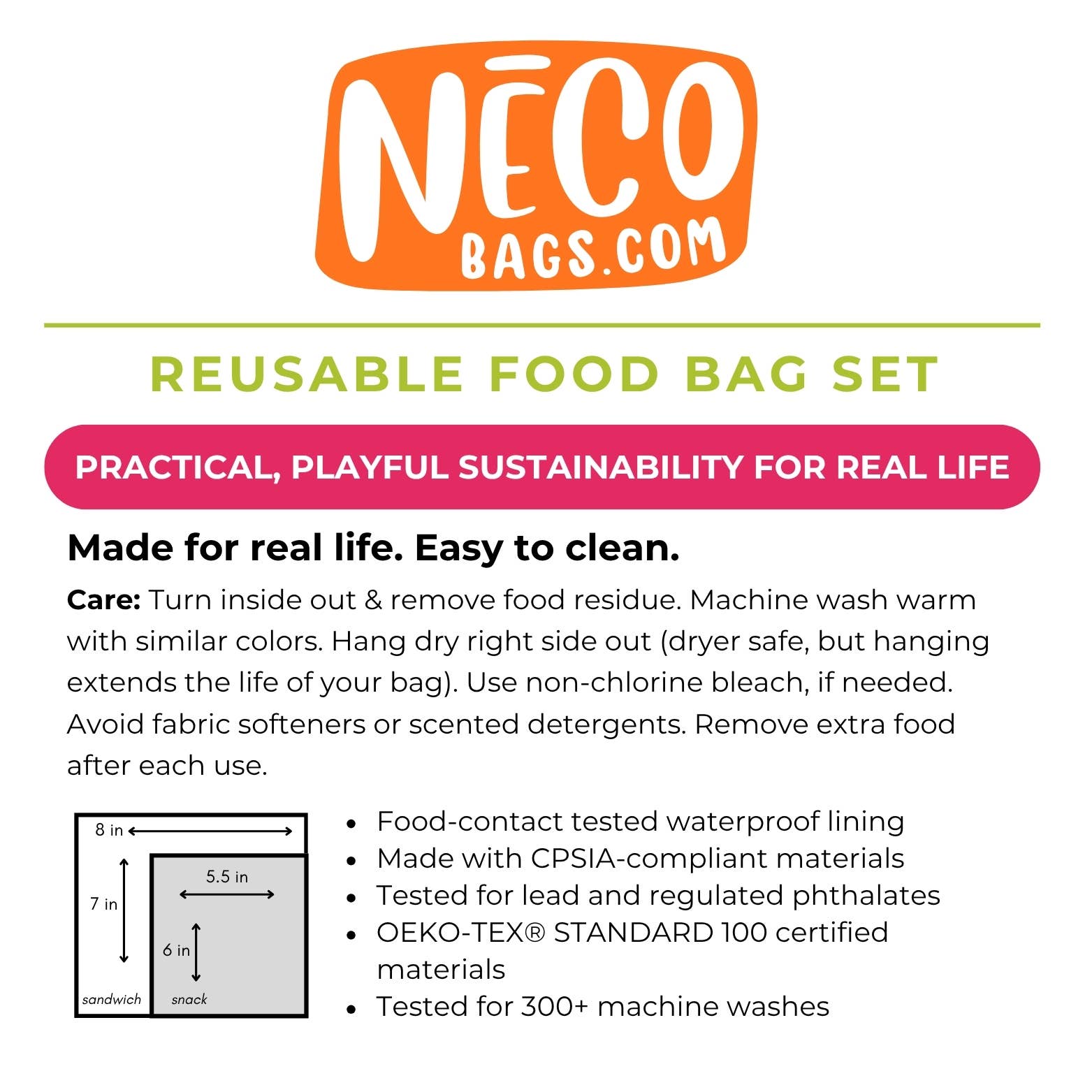2 Bag Set Reusable Snack & Sandwich Food Bags, Peace & Love