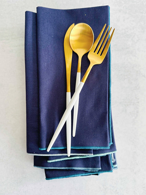 Dot and Army - Navy Blue Cloth Napkins with Ocean Edging, set of 8