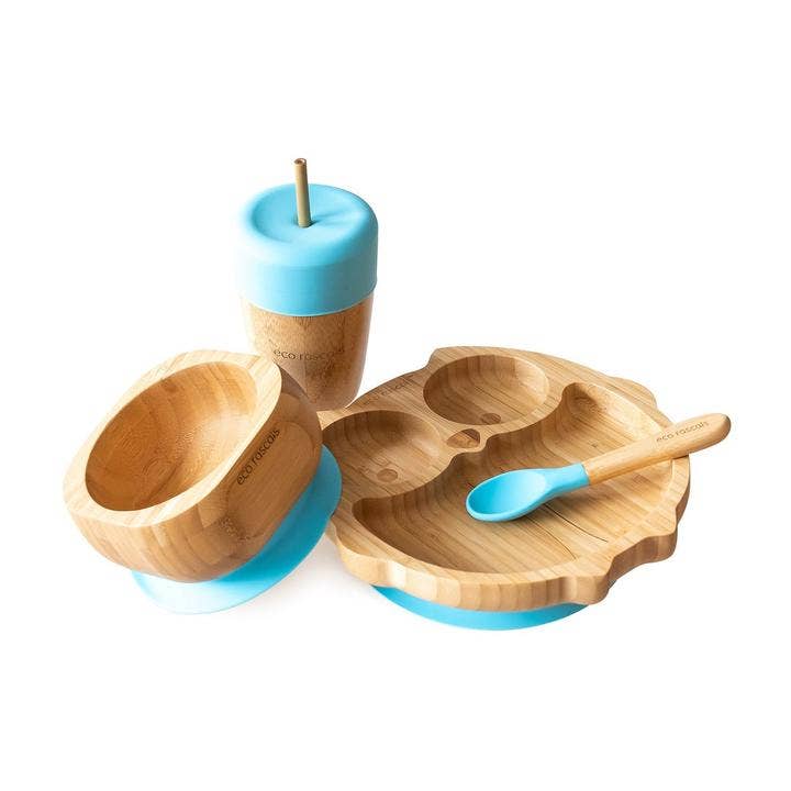 Owl Plate, Straw Cup and Bowl and Spoon Gift Set: Blue