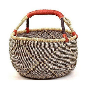 African Bolga Market Basket w/ Leather Wrapped Handle (Colors Vary) W: 11" - 13" H: 8"-10", 1 EA